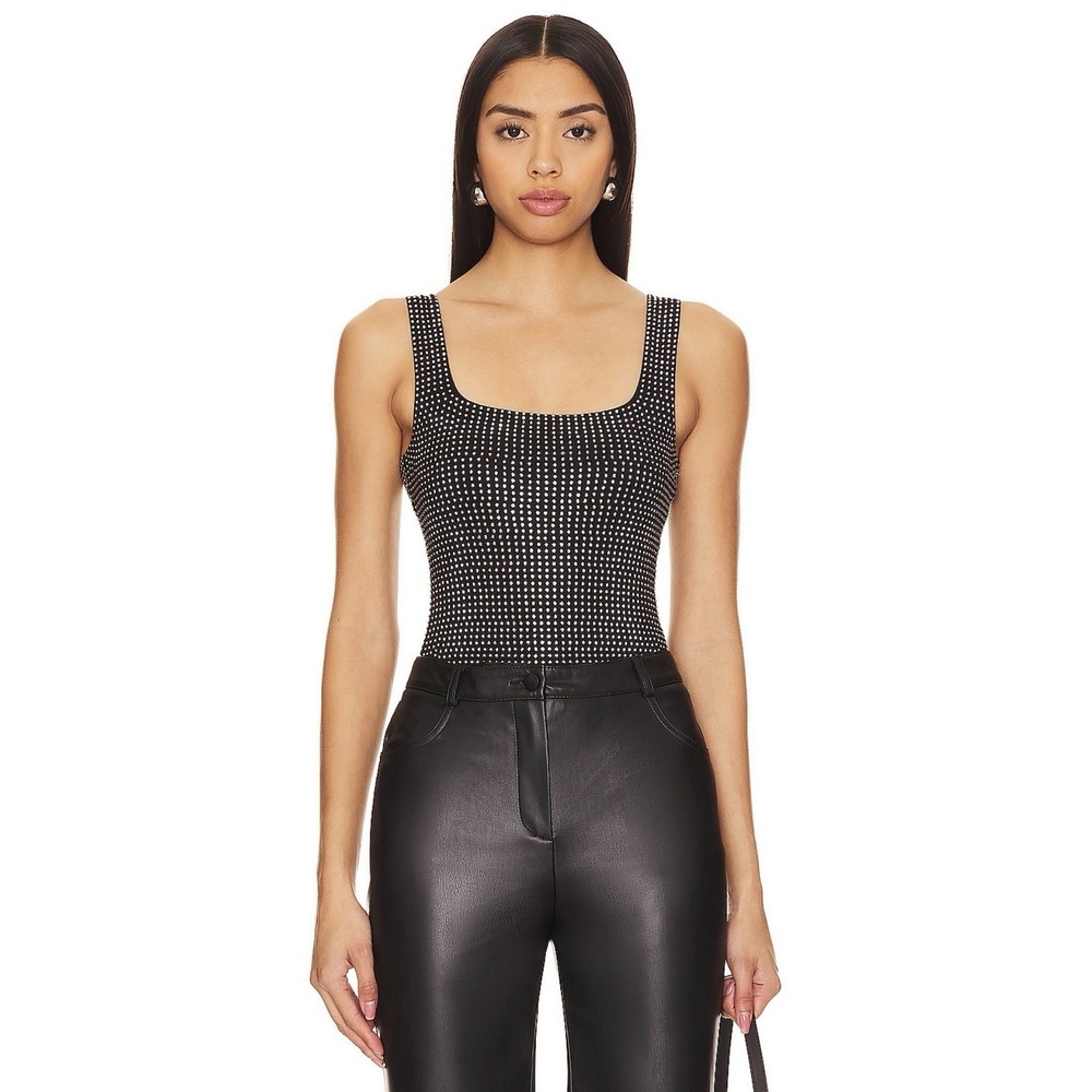 Good American Crystal Modern Tank Bodysuit Womens S Black Rhinestone NWT GB0531